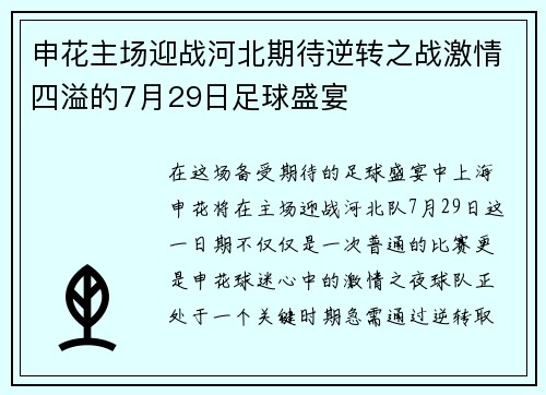 申花主场迎战河北期待逆转之战激情四溢的7月29日足球盛宴